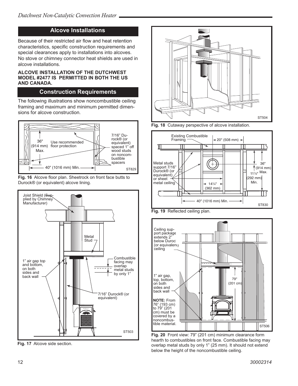 Dutchwest non-catalytic convection heater, Alcove installations, Construction requirements | Vermont Casting 2477 User Manual | Page 12 / 32