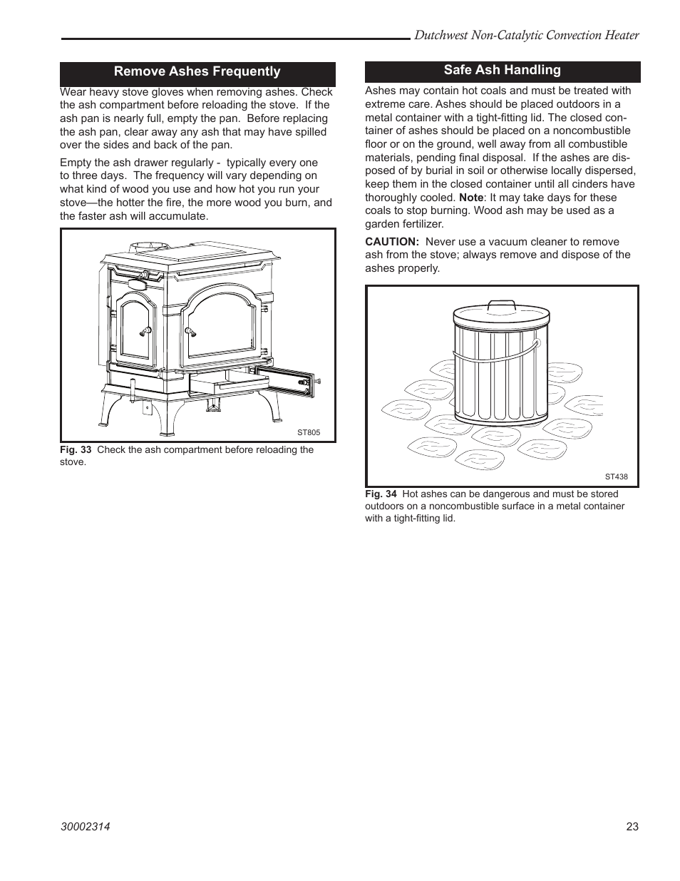 Dutchwest non-catalytic convection heater, Remove ashes frequently, Safe ash handling | Vermont Casting 2477 User Manual | Page 23 / 32