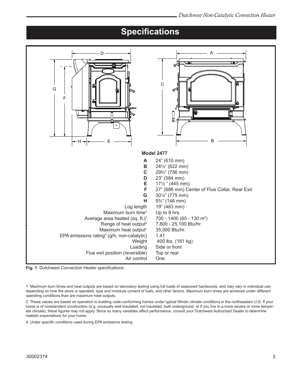 Speciﬁcations | Vermont Casting 2477 User Manual | Page 3 / 32