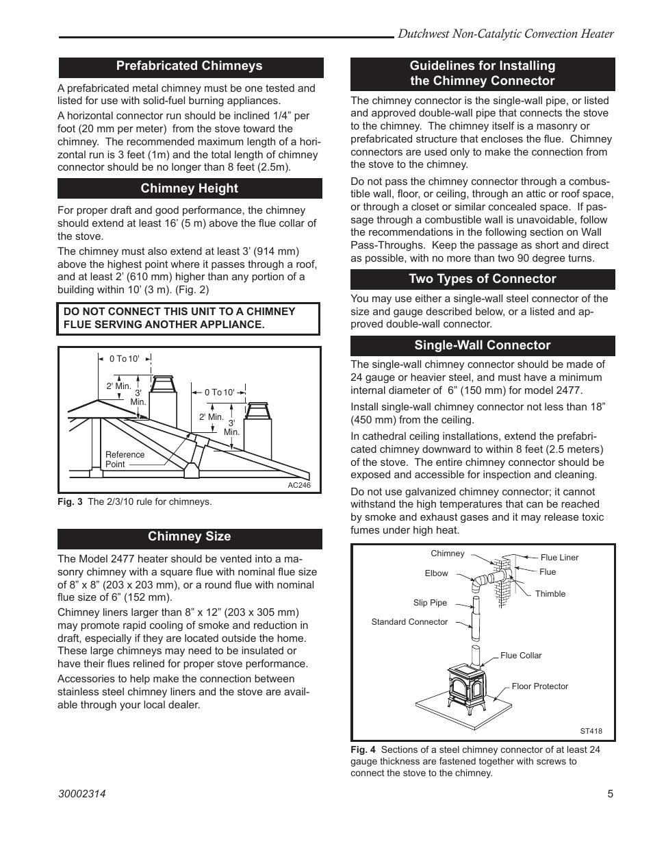 Dutchwest non-catalytic convection heater, Prefabricated chimneys, Chimney height | Chimney size, Guidelines for installing the chimney connector, Two types of connector, Single-wall connector | Vermont Casting 2477 User Manual | Page 5 / 32