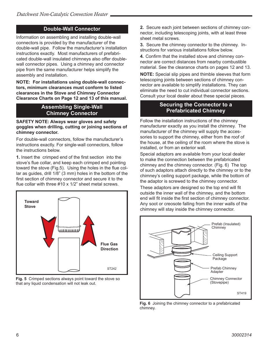 Dutchwest non-catalytic convection heater, Double-wall connector, Assembling single-wall chimney connector | Securing the connector to a prefabricated chimney | Vermont Casting 2477 User Manual | Page 6 / 32