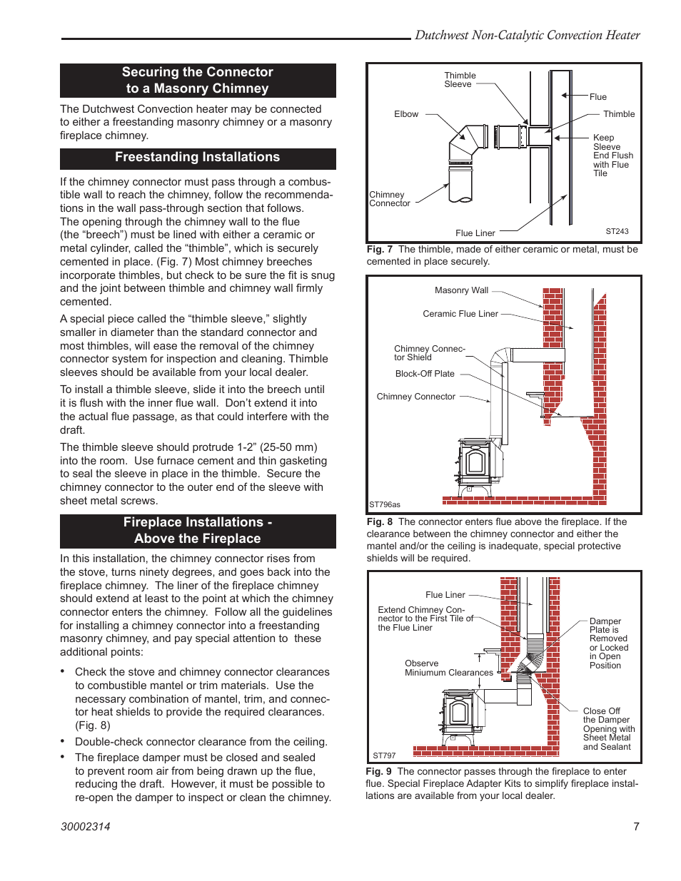 Dutchwest non-catalytic convection heater, Securing the connector to a masonry chimney, Freestanding installations | Fireplace installations - above the fireplace | Vermont Casting 2477 User Manual | Page 7 / 32