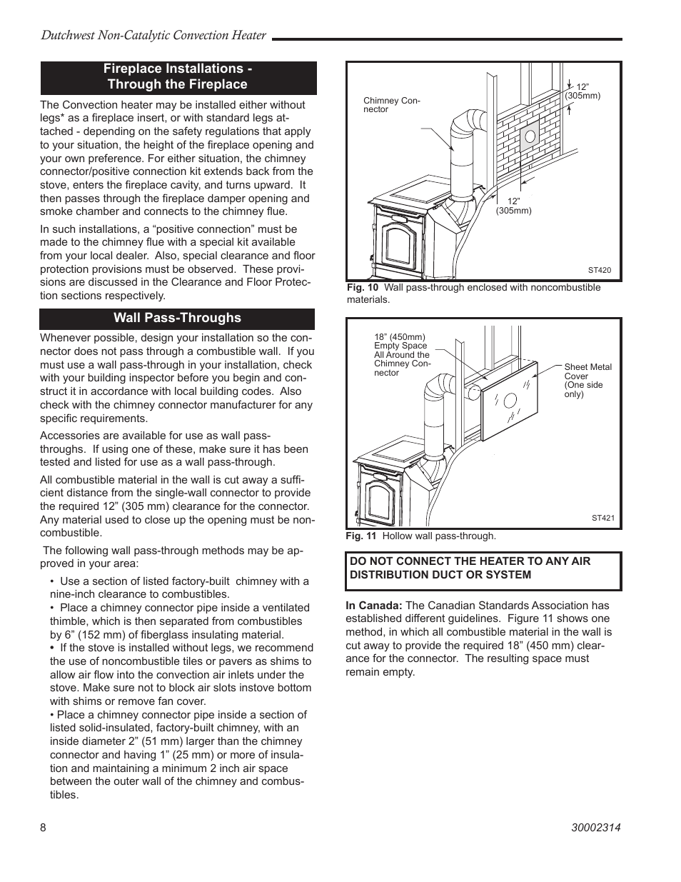 Dutchwest non-catalytic convection heater, Fireplace installations - through the fireplace, Wall pass-throughs | Vermont Casting 2477 User Manual | Page 8 / 32