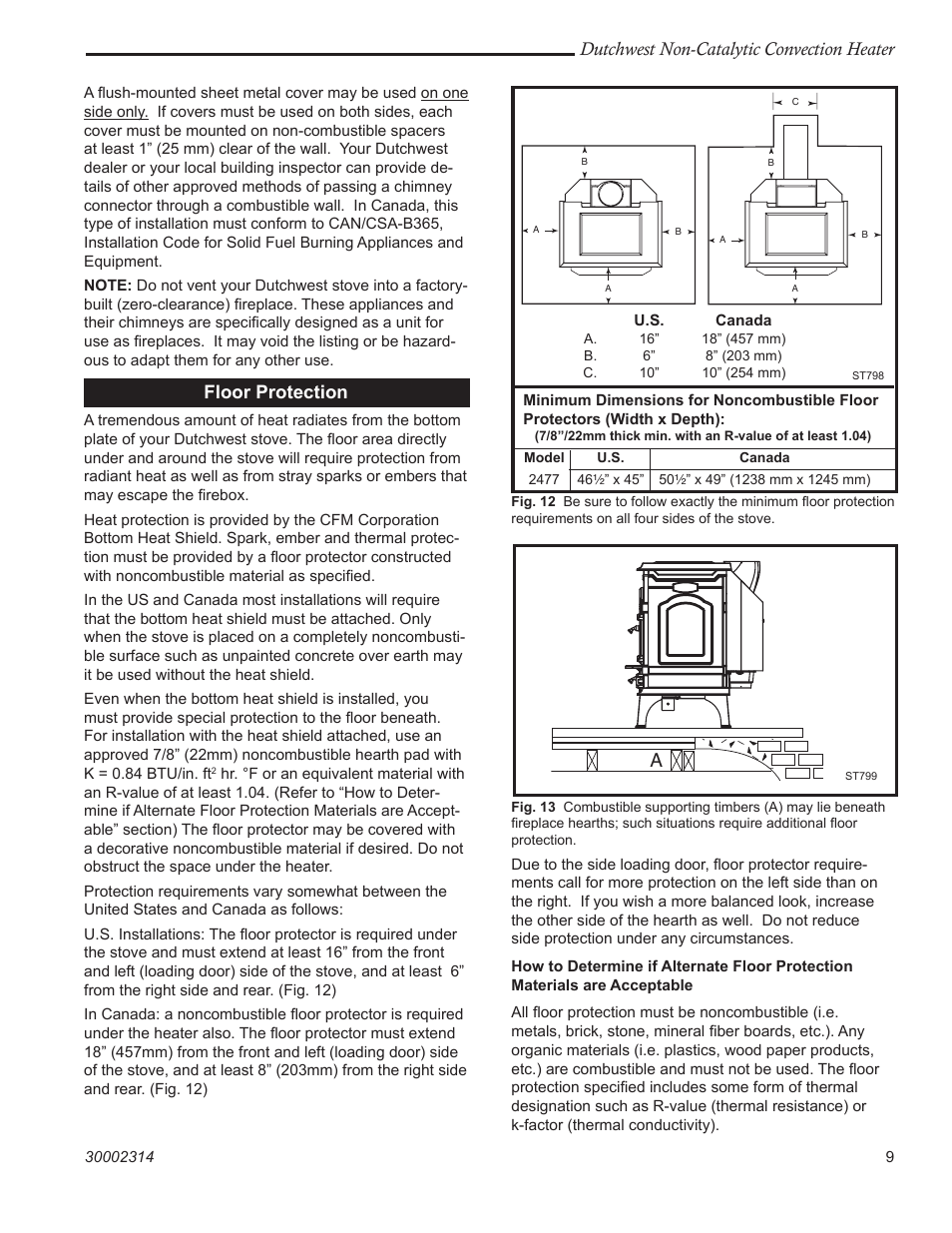 Dutchwest non-catalytic convection heater, Floor protection | Vermont Casting 2477 User Manual | Page 9 / 32