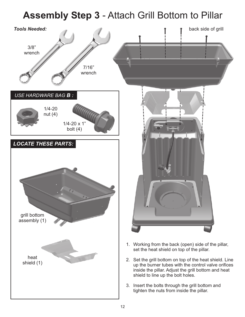 Assembly step 3 - attach grill bottom to pillar | Vermont Casting 6000 User Manual | Page 12 / 25