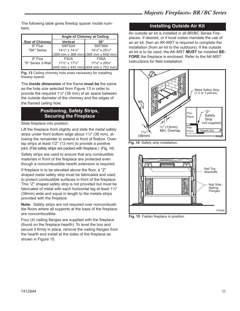 Majestic fireplaces, Br/bc series, Positioning, safety strips, securing the fireplace | Installing outside air kit | Vermont Casting BC36 User Manual | Page 11 / 24