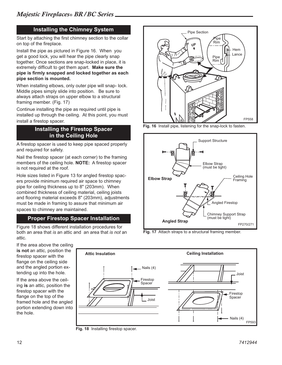 Majestic fireplaces, Br/bc series, Installing the chimney system | Installing the firestop spacer in the ceiling hole, Proper firestop spacer installation | Vermont Casting BC36 User Manual | Page 12 / 24