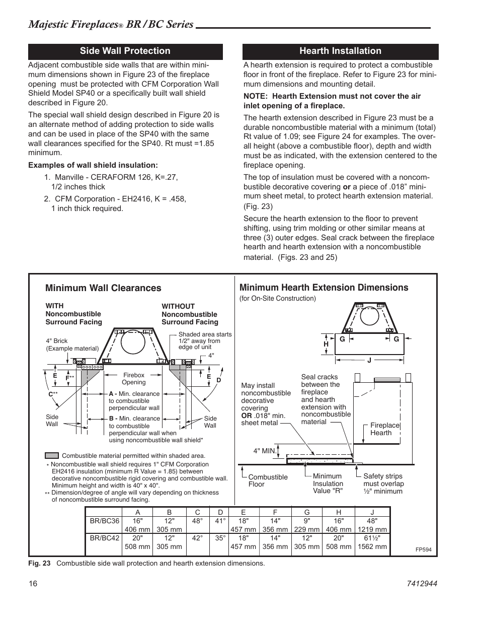 Majestic fireplaces, Br/bc series, Side wall protection | Hearth installation, Minimum wall clearances, Minimum hearth extension dimensions | Vermont Casting BC36 User Manual | Page 16 / 24