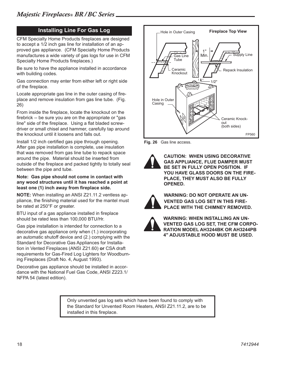 Majestic fireplaces, Br/bc series, Installing line for gas log | Vermont Casting BC36 User Manual | Page 18 / 24