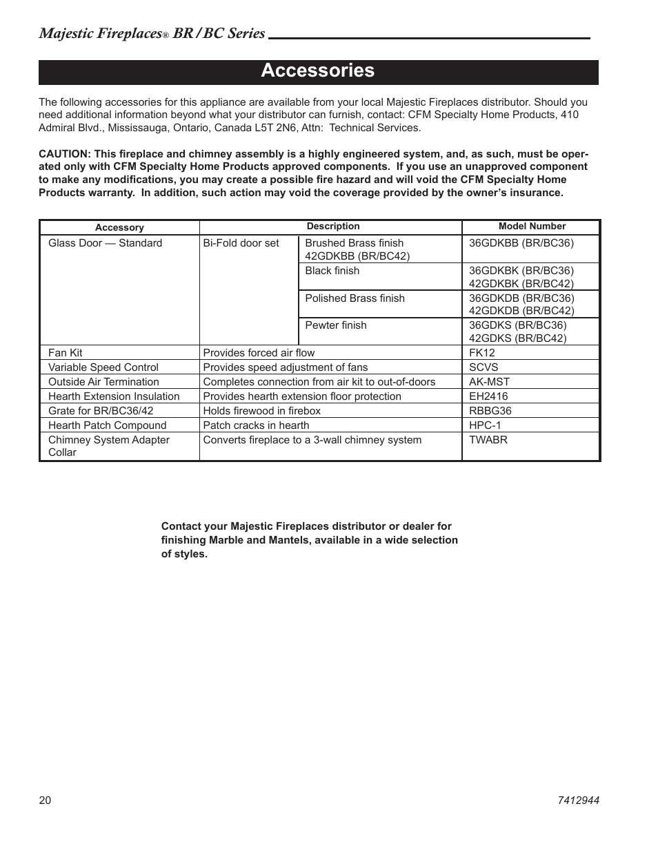 Accessories, Majestic fireplaces, Br/bc series | Vermont Casting BC36 User Manual | Page 20 / 24