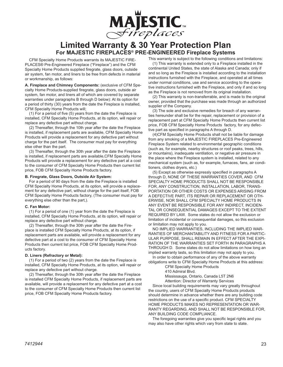 Limited warranty & 30 year protection plan, Majestic fireplaces, Br/bc series | Vermont Casting BC36 User Manual | Page 23 / 24