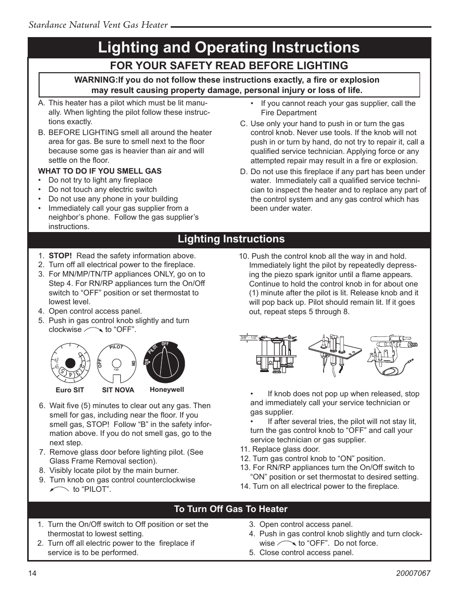 Lighting and operating instructions, For your safety read before lighting, Lighting instructions | Stardance natural vent gas heater | Vermont Casting SNV30 User Manual | Page 14 / 32