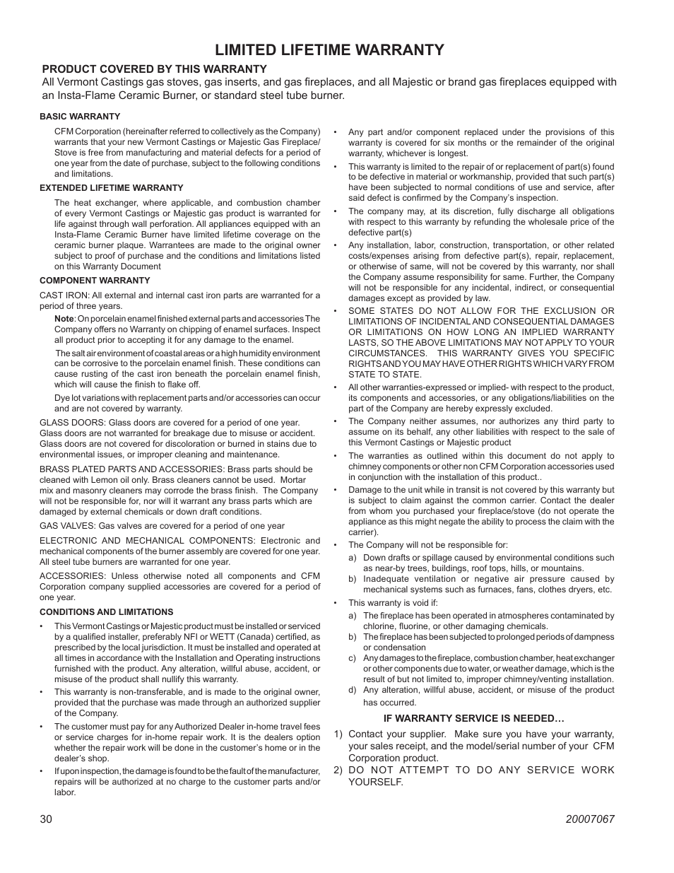 Limited lifetime warranty, Stardance natural vent gas heater | Vermont Casting SNV30 User Manual | Page 30 / 32