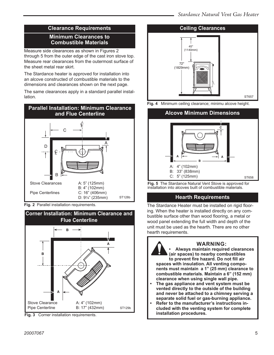 Stardance natural vent gas heater, Hearth requirements, Warning | Ceiling clearances, Alcove minimum dimensions | Vermont Casting SNV30 User Manual | Page 5 / 32