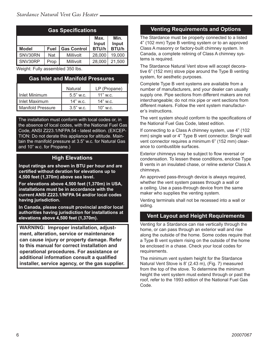 Stardance natural vent gas heater | Vermont Casting SNV30 User Manual | Page 6 / 32