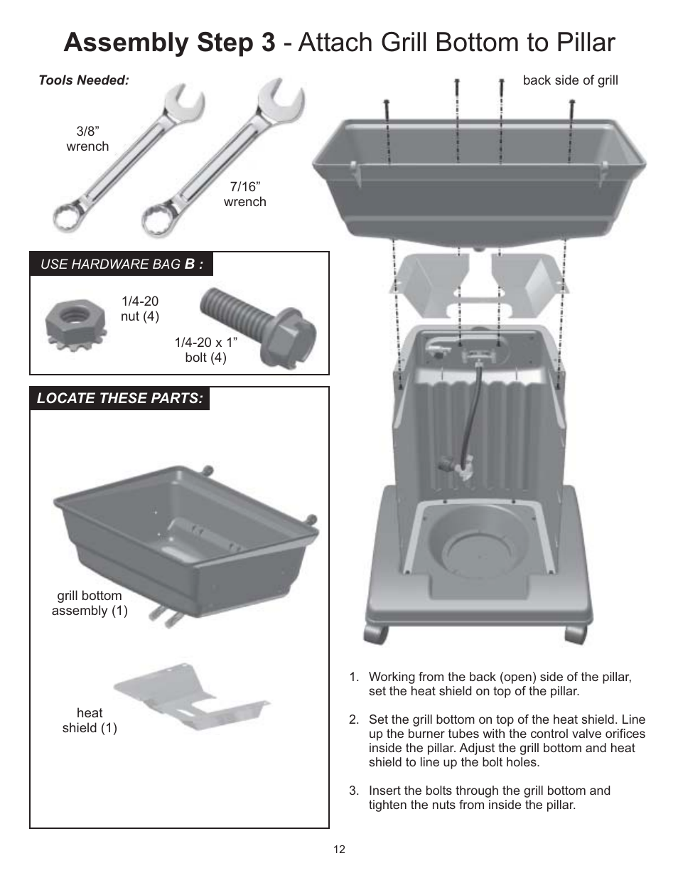 Assembly step 3 - attach grill bottom to pillar | Vermont Casting VC0620P User Manual | Page 12 / 40