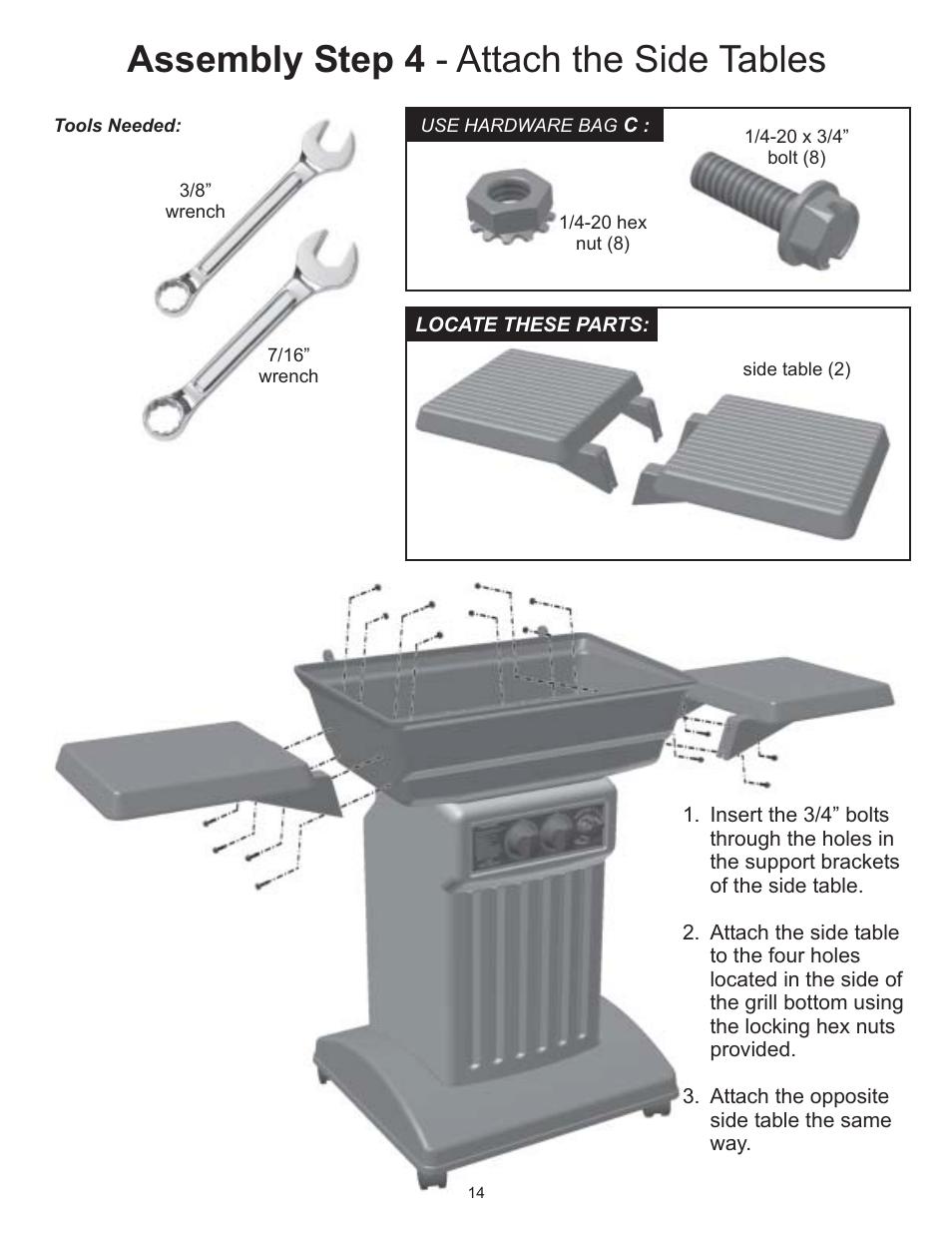 Assembly step 4 - attach the side tables | Vermont Casting VC0620P User Manual | Page 14 / 40