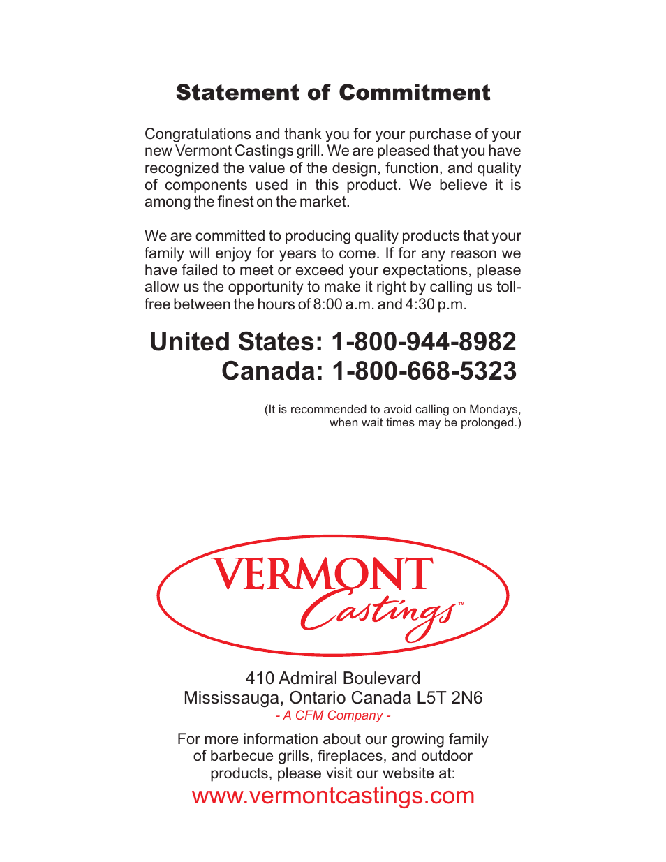 Statement of commitment | Vermont Casting VC0620P User Manual | Page 2 / 40