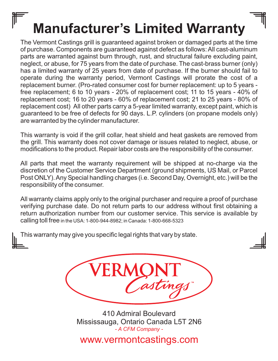 Manufacturer’s limited warranty | Vermont Casting VC0620P User Manual | Page 39 / 40