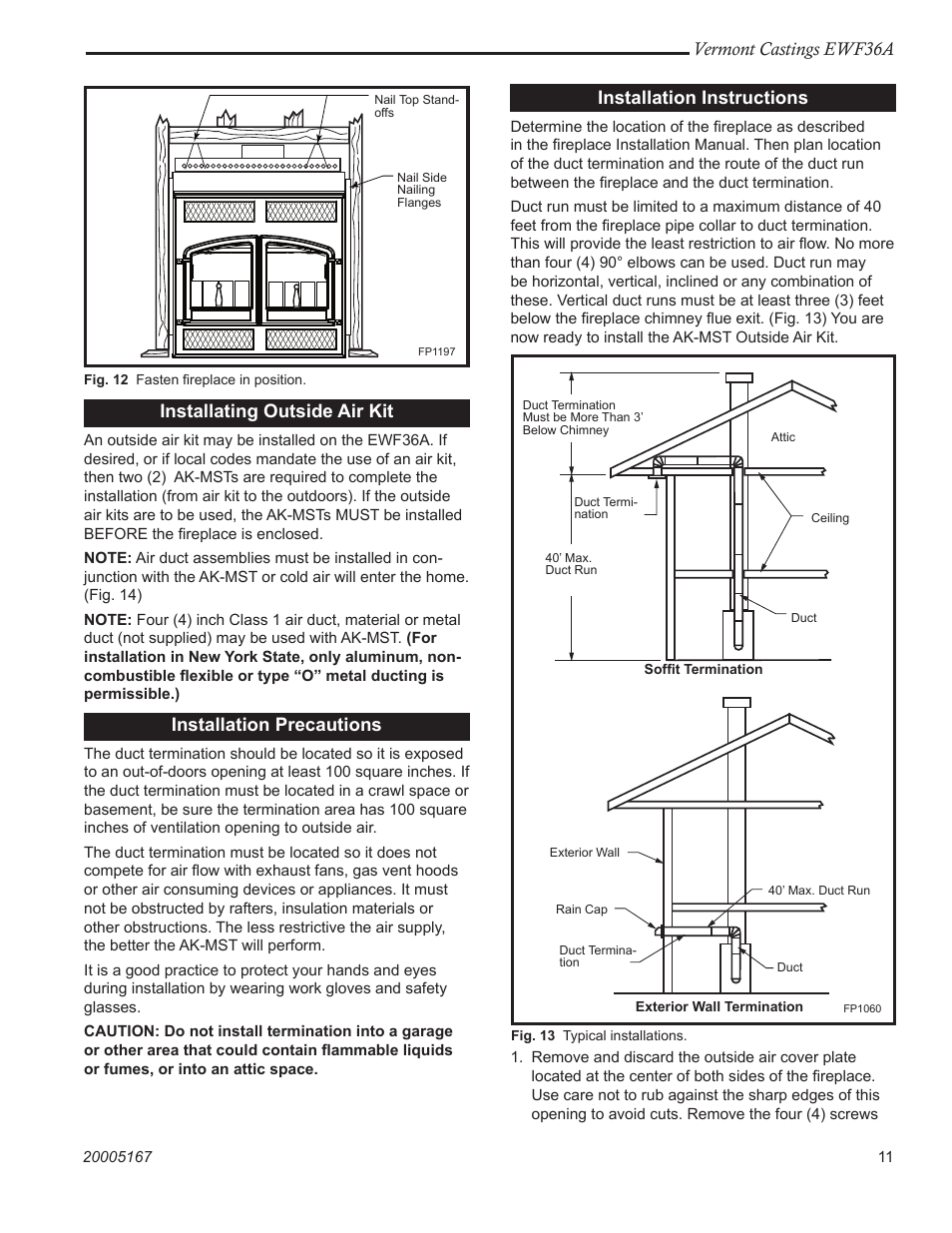 Vermont castings ewf36a, Installating outside air kit, Installation precautions | Installation instructions | Vermont Casting EWF36 User Manual | Page 11 / 32