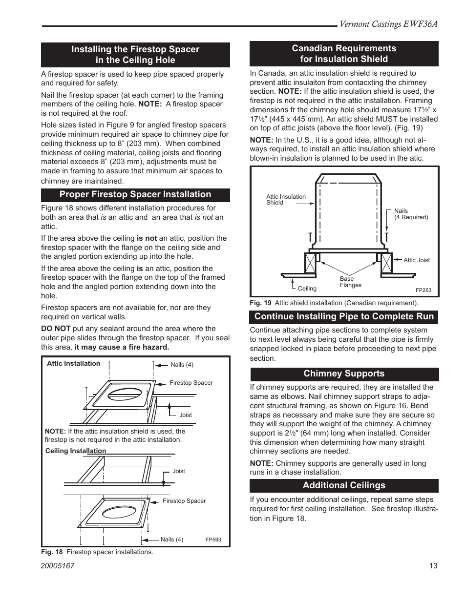 Vermont castings ewf36a, Installing the firestop spacer in the ceiling hole, Proper firestop spacer installation | Canadian requirements for insulation shield, Continue installing pipe to complete run, Chimney supports, Additional ceilings | Vermont Casting EWF36 User Manual | Page 13 / 32