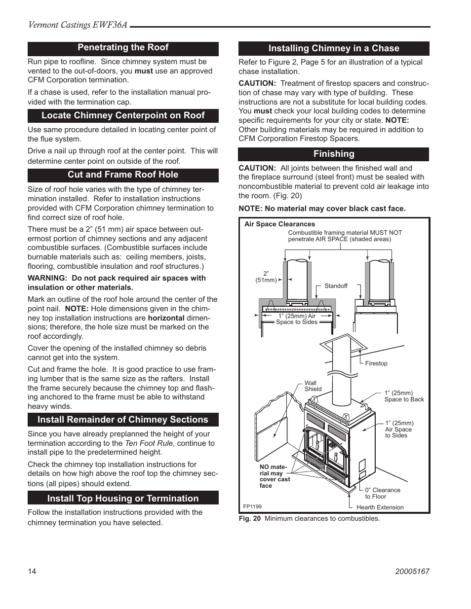 Vermont castings ewf36a, Penetrating the roof, Locate chimney centerpoint on roof | Cut and frame roof hole, Install top housing or termination, Installing chimney in a chase, Finishing | Vermont Casting EWF36 User Manual | Page 14 / 32