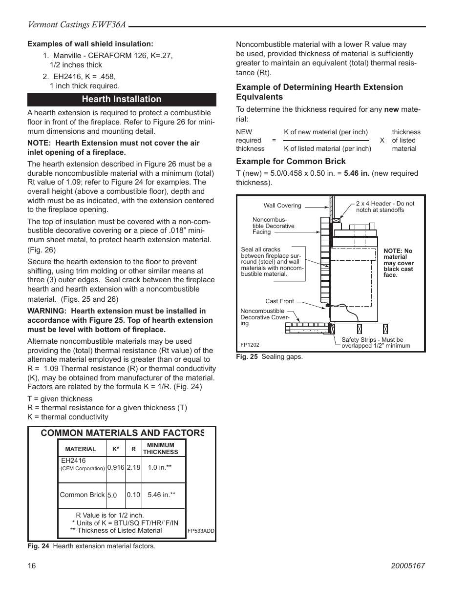 Vermont castings ewf36a, Hearth installation, Common materials and factors | Example for common brick | Vermont Casting EWF36 User Manual | Page 16 / 32