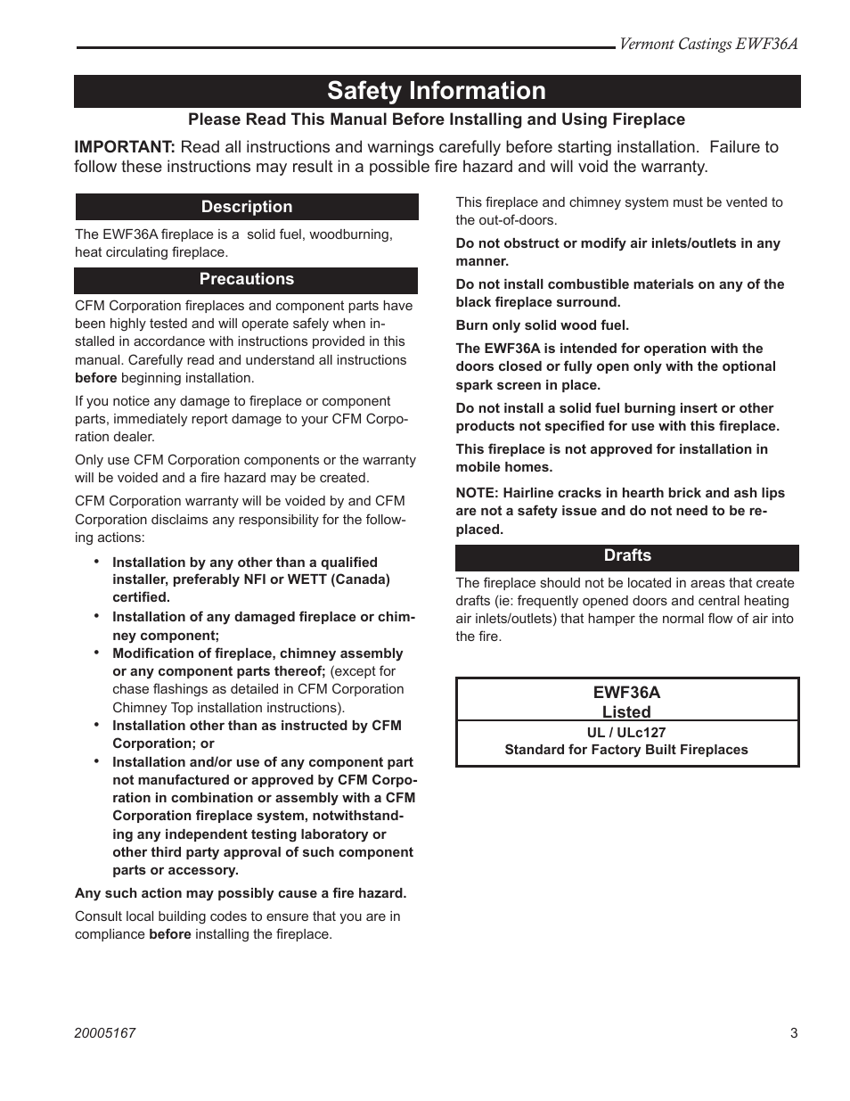 Safety information | Vermont Casting EWF36 User Manual | Page 3 / 32