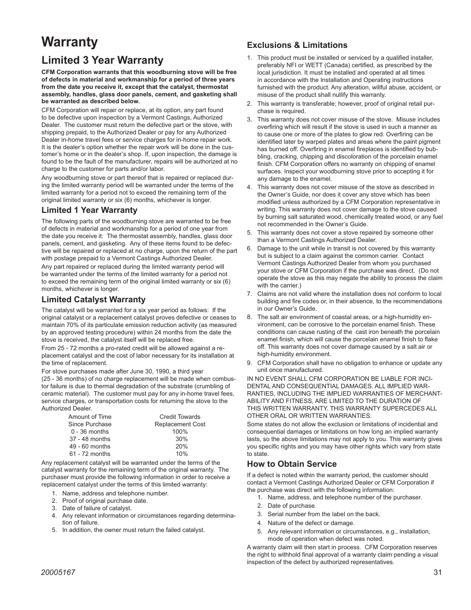 Warranty, Limited 3 year warranty, Vermont castings ewf36a | Limited 1 year warranty, Limited catalyst warranty, Exclusions & limitations, How to obtain service | Vermont Casting EWF36 User Manual | Page 31 / 32