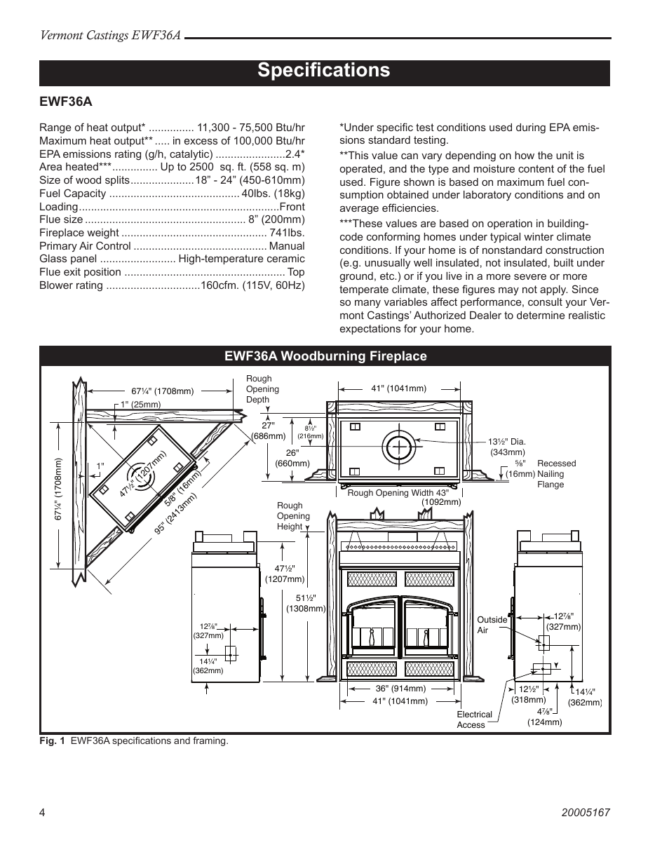 Speciﬁcations, Vermont castings ewf36a, Ewf36a | Ewf36a woodburning fireplace | Vermont Casting EWF36 User Manual | Page 4 / 32