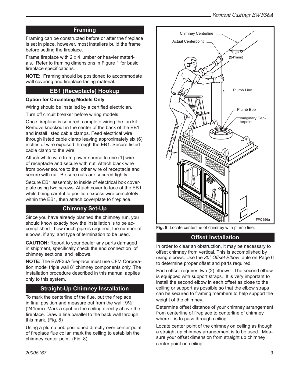 Vermont castings ewf36a, Framing, Eb1 (receptacle) hookup | Chimney set-up, Straight-up chimney installation, Offset installation | Vermont Casting EWF36 User Manual | Page 9 / 32