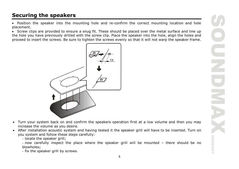 Securing the speakers | SoundMax SM-CSF5.2 User Manual | Page 5 / 13