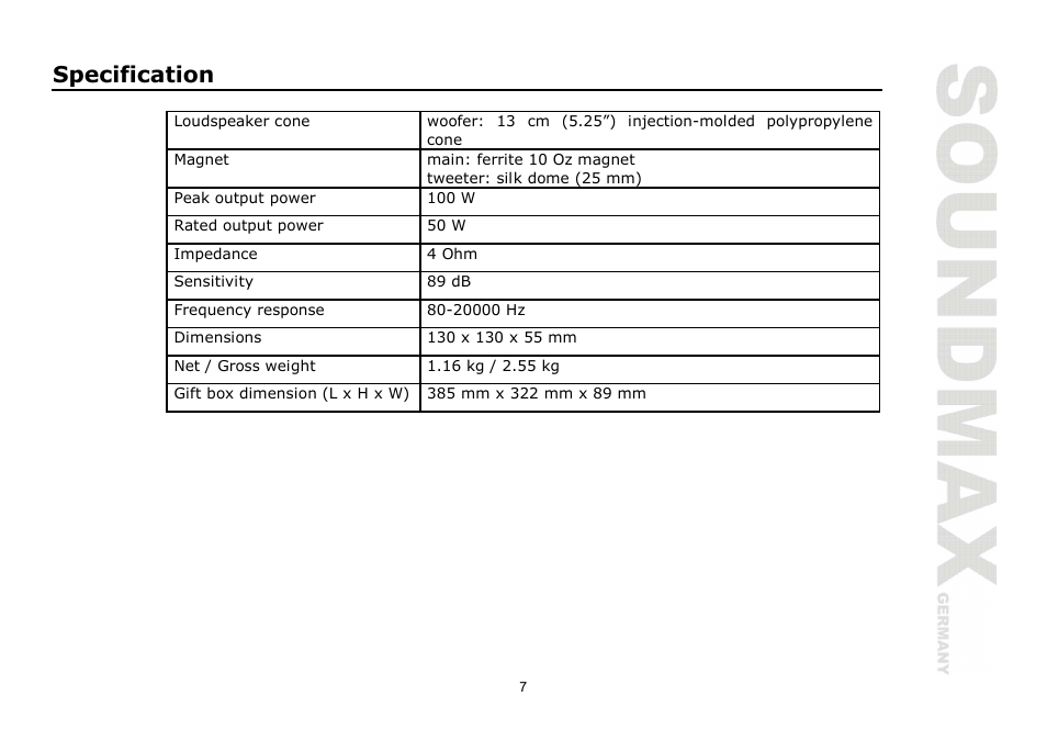 Specification | SoundMax SM-CSF5.2 User Manual | Page 7 / 13