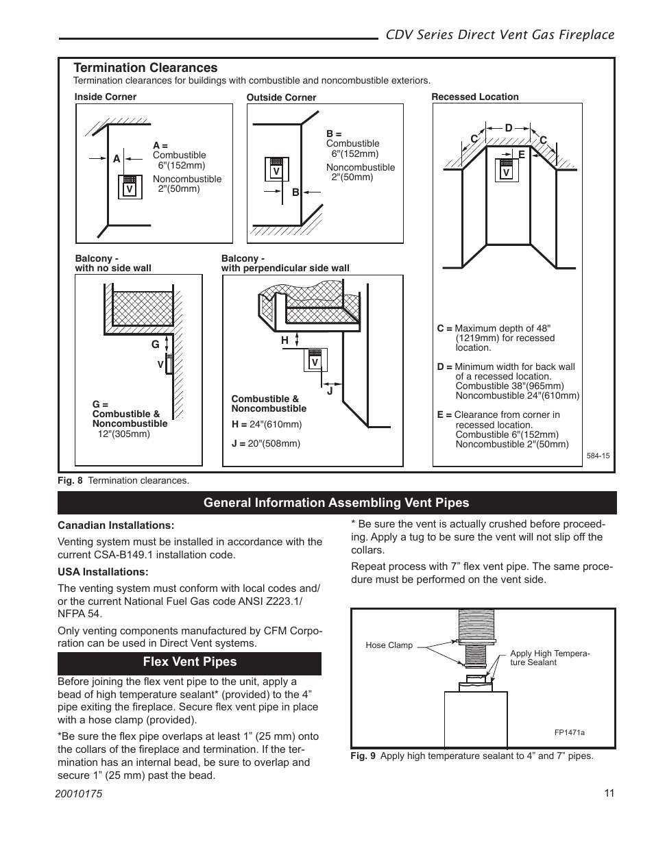 Cdv series direct vent gas fireplace, Termination clearances, General information assembling vent pipes | Flex vent pipes | Vermont Casting 36CDVTRN User Manual | Page 11 / 40