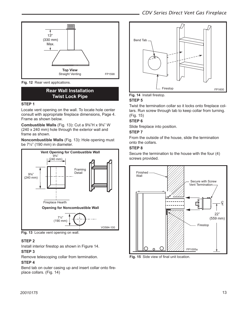 Cdv series direct vent gas fireplace, Rear wall installation twist lock pipe | Vermont Casting 36CDVTRN User Manual | Page 13 / 40