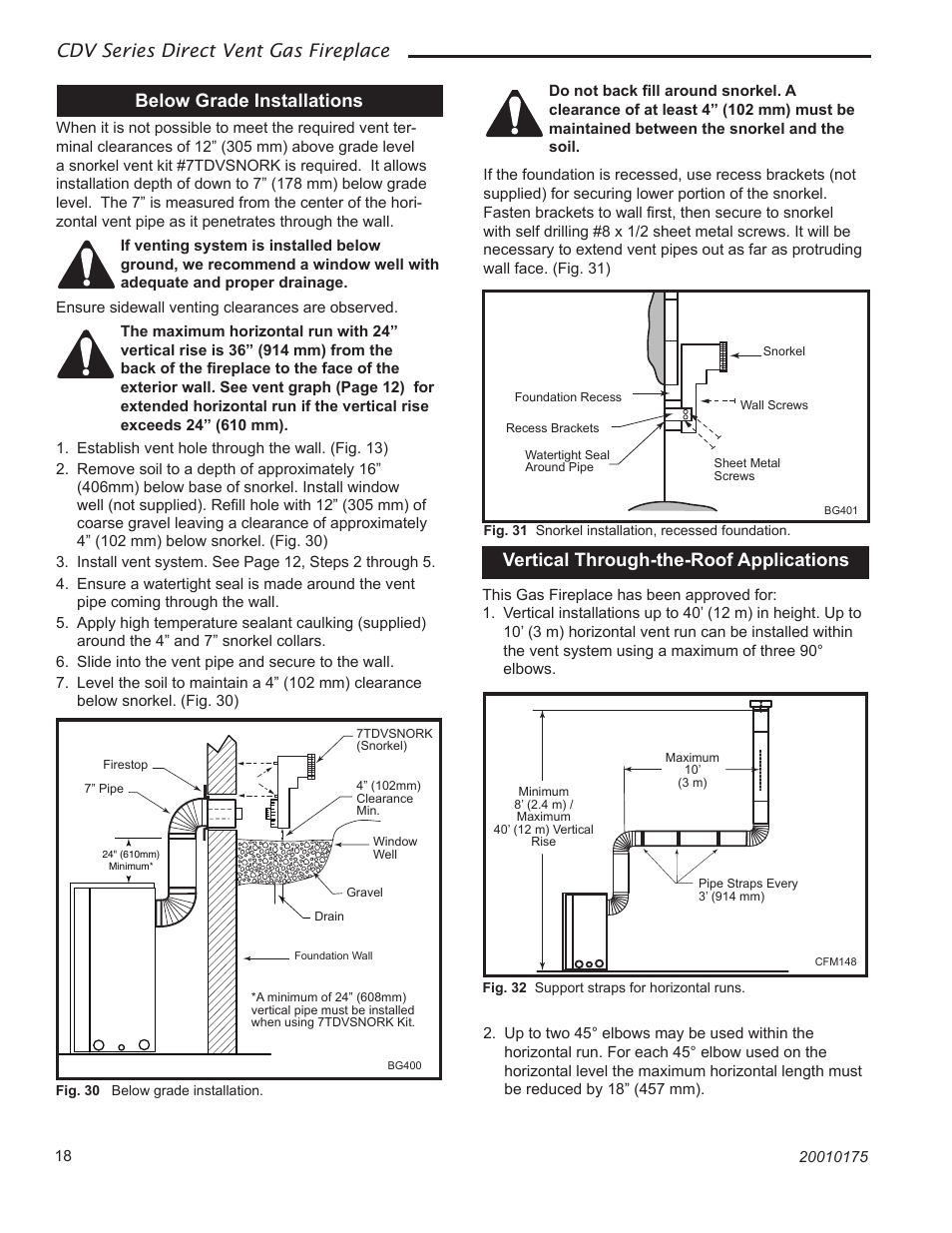 Cdv series direct vent gas fireplace, Below grade installations, Vertical through-the-roof applications | Vermont Casting 36CDVTRN User Manual | Page 18 / 40