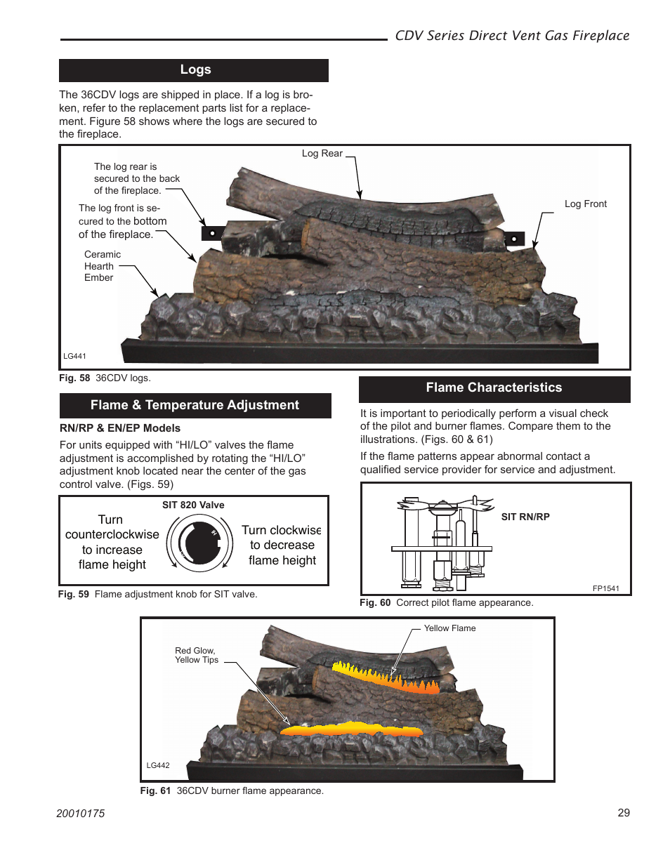 Cdv series direct vent gas fireplace, Logs, Flame & temperature adjustment | Flame characteristics | Vermont Casting 36CDVTRN User Manual | Page 29 / 40