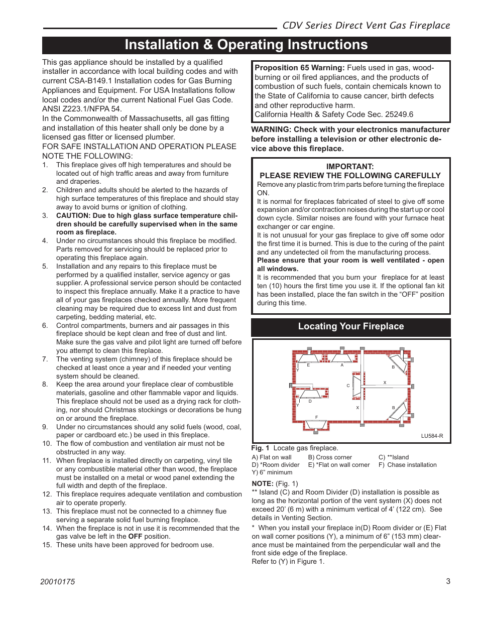 Installation & operating instructions, Cdv series direct vent gas fireplace, Locating your fireplace | Vermont Casting 36CDVTRN User Manual | Page 3 / 40