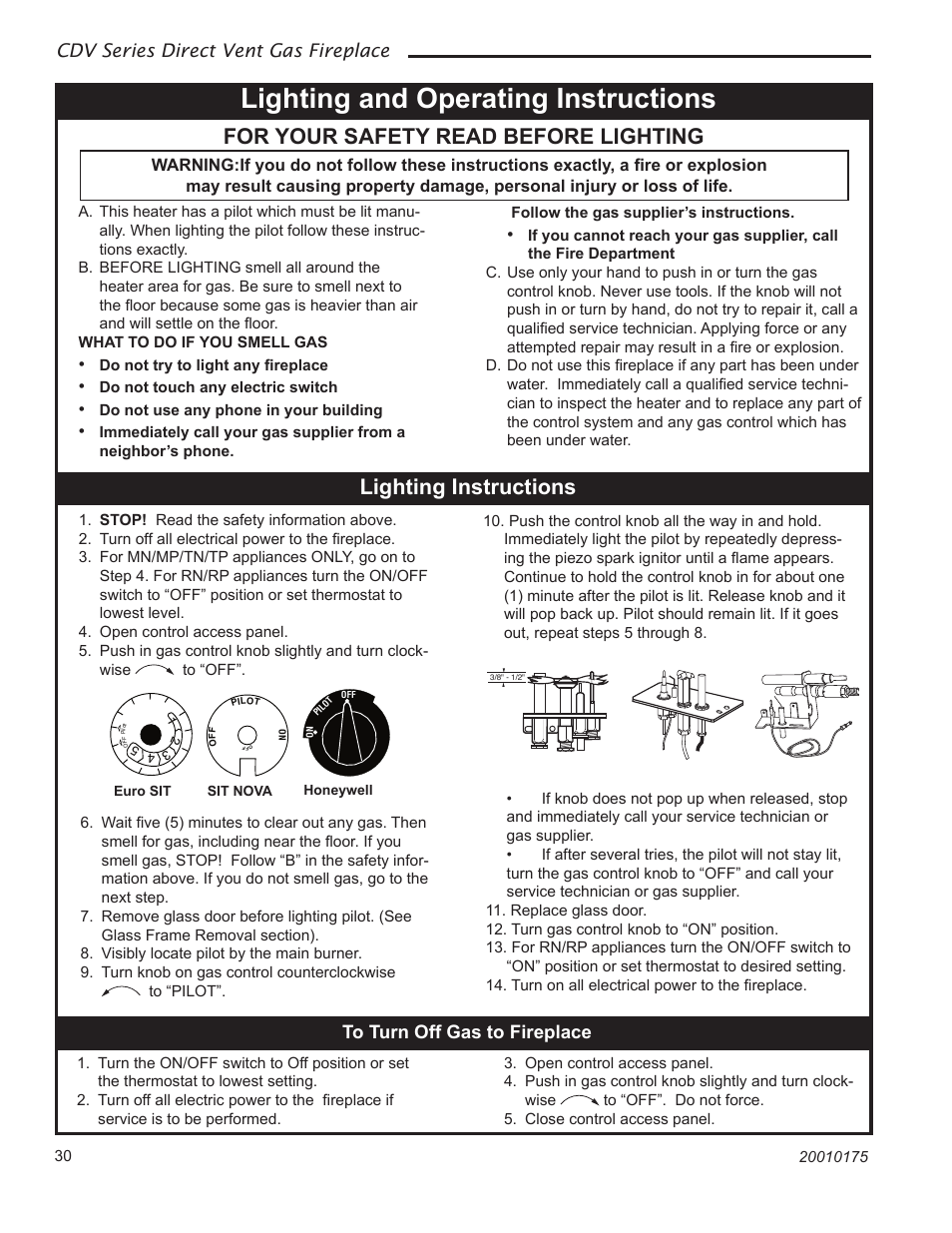 Lighting and operating instructions, For your safety read before lighting, Lighting instructions | Cdv series direct vent gas fireplace | Vermont Casting 36CDVTRN User Manual | Page 30 / 40
