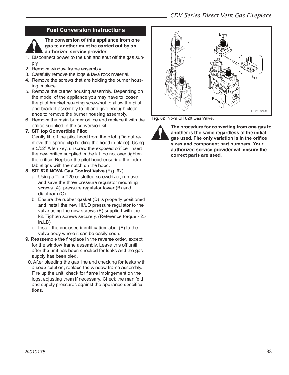 Cdv series direct vent gas fireplace, Fuel conversion instructions | Vermont Casting 36CDVTRN User Manual | Page 33 / 40