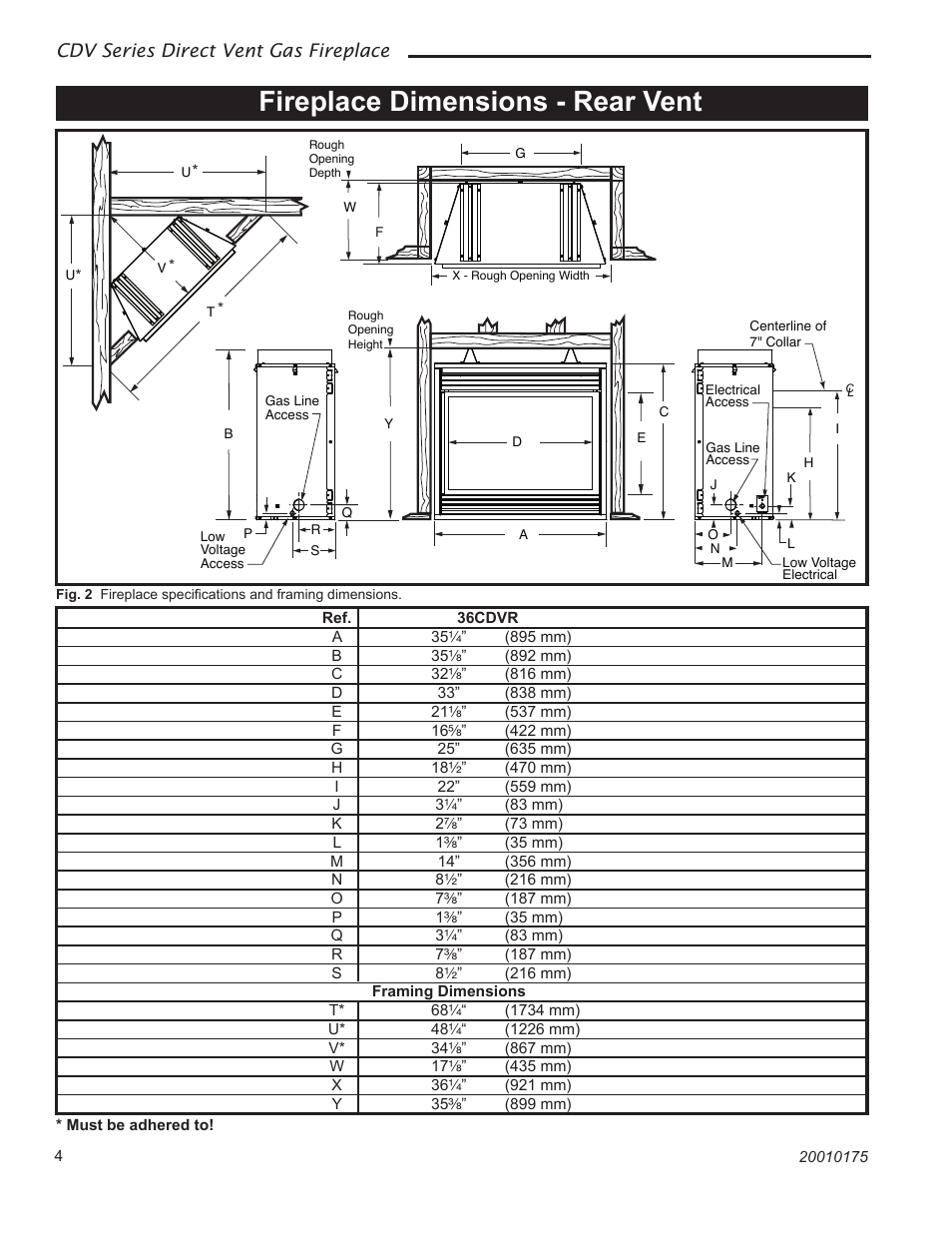 Fireplace dimensions - rear vent, Cdv series direct vent gas fireplace | Vermont Casting 36CDVTRN User Manual | Page 4 / 40