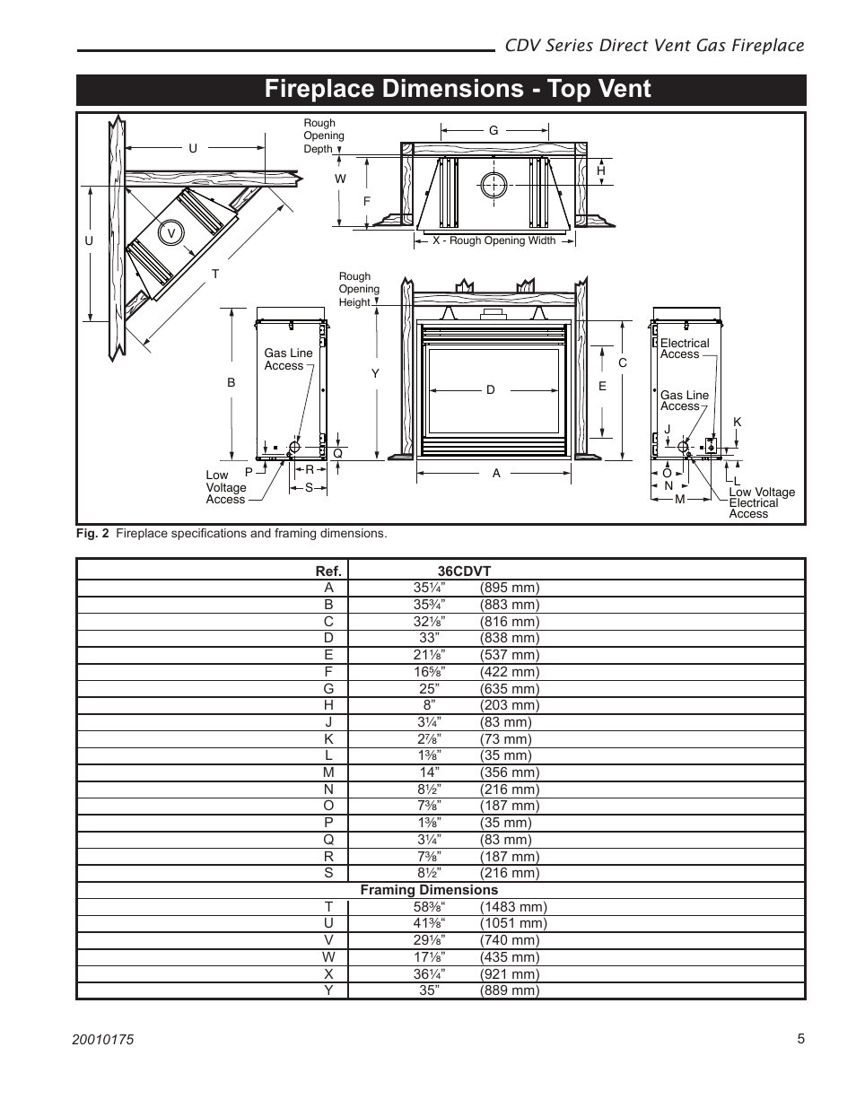 Fireplace dimensions - top vent, Cdv series direct vent gas fireplace | Vermont Casting 36CDVTRN User Manual | Page 5 / 40