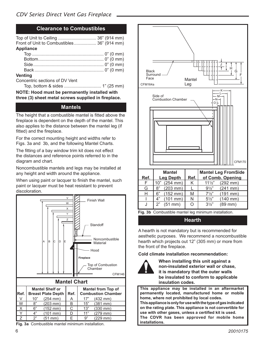 Cdv series direct vent gas fireplace, Hearth mantels, Clearance to combustibles | Mantel chart | Vermont Casting 36CDVTRN User Manual | Page 6 / 40