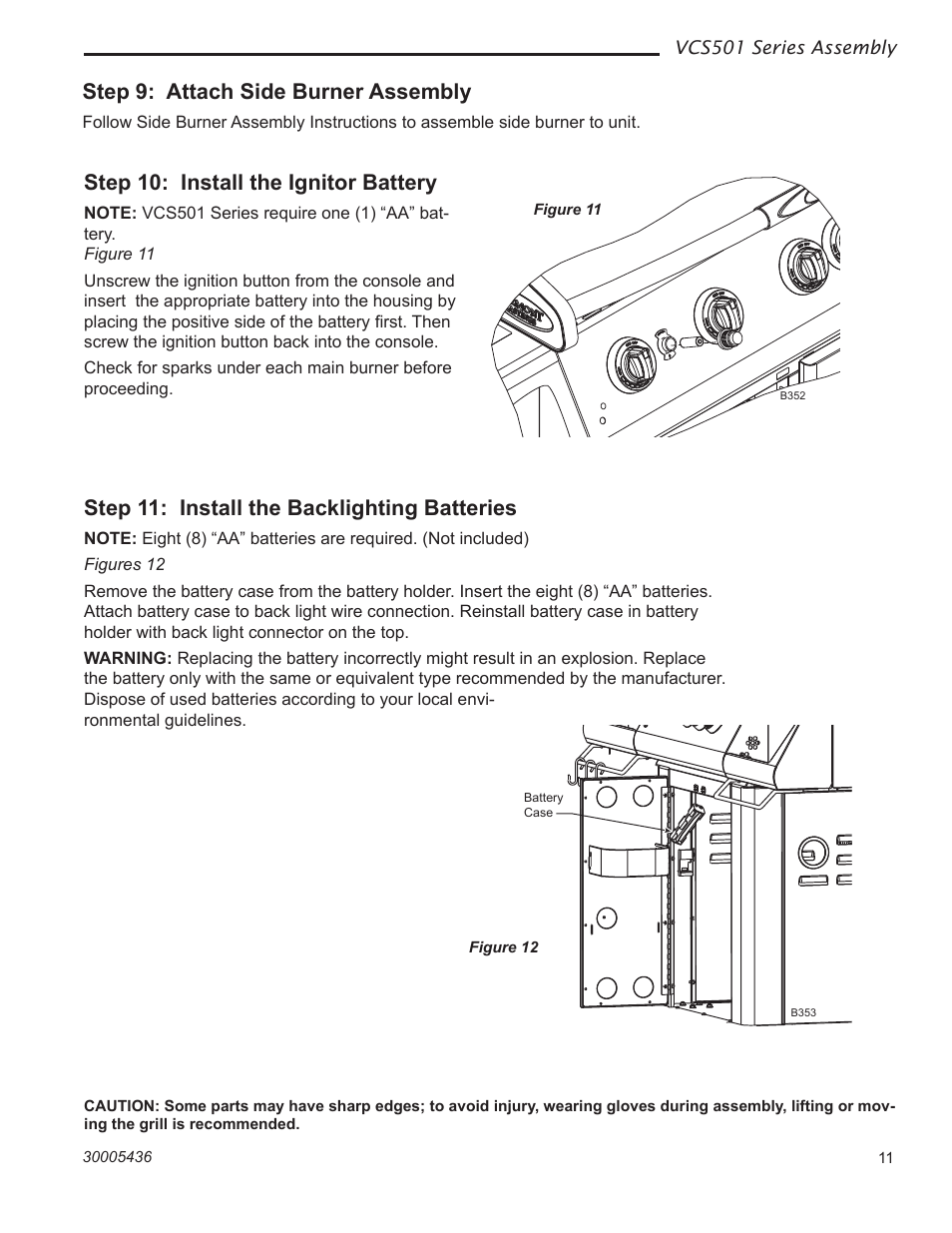 B353 battery case, Step 9: attach side burner assembly, Step 10: install the ignitor battery | Step 11: install the backlighting batteries | Vermont Casting VCS501 User Manual | Page 11 / 18