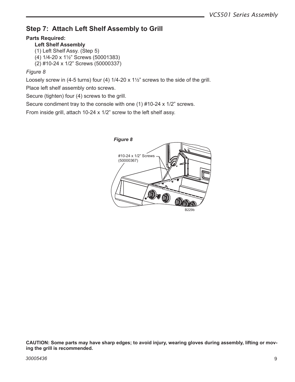Step 7: attach left shelf assembly to grill | Vermont Casting VCS501 User Manual | Page 9 / 18