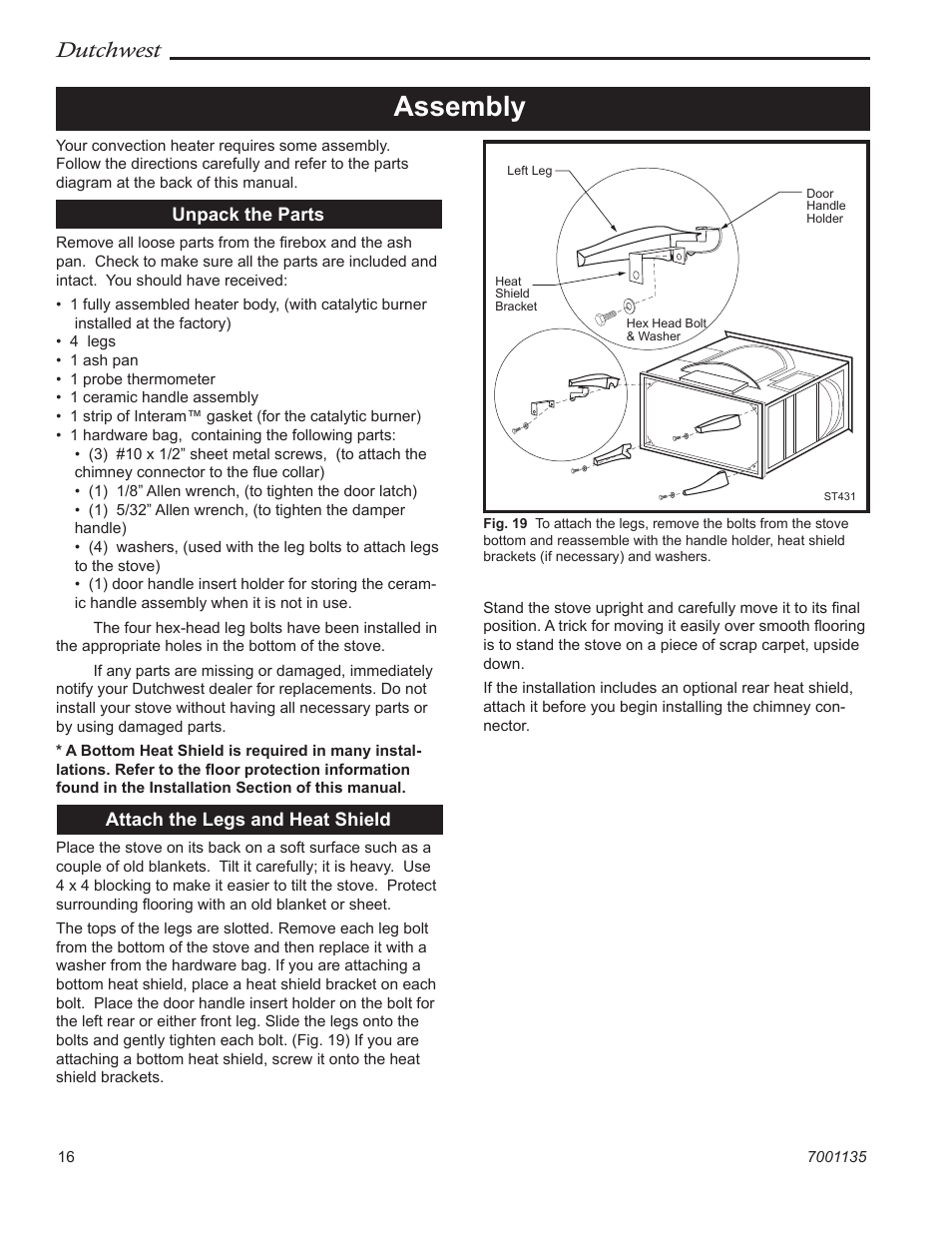 Assembly, Dutchwest, Unpack the parts | Attach the legs and heat shield | Vermont Casting 2460 User Manual | Page 16 / 32