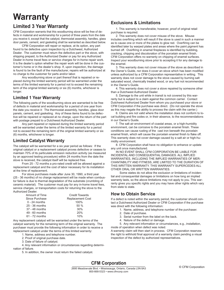 Warranty, Limited 3 year warranty, Cfm corporation | Limited 1 year warranty, Limited catalyst warranty, Exclusions & limitations, How to obtain service | Vermont Casting 2460 User Manual | Page 32 / 32