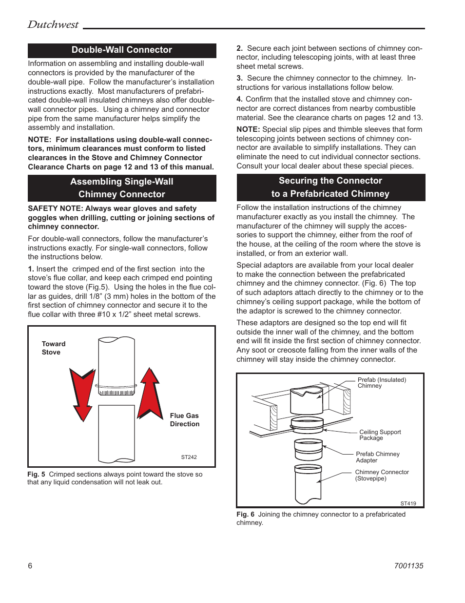 Dutchwest, Double-wall connector, Assembling single-wall chimney connector | Securing the connector to a prefabricated chimney | Vermont Casting 2460 User Manual | Page 6 / 32