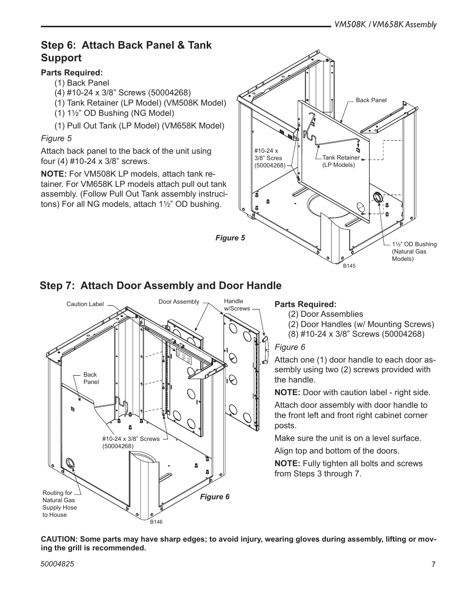 Step 6: attach back panel & tank support, Step 7: attach door assembly and door handle | Vermont Casting VM508K User Manual | Page 7 / 20