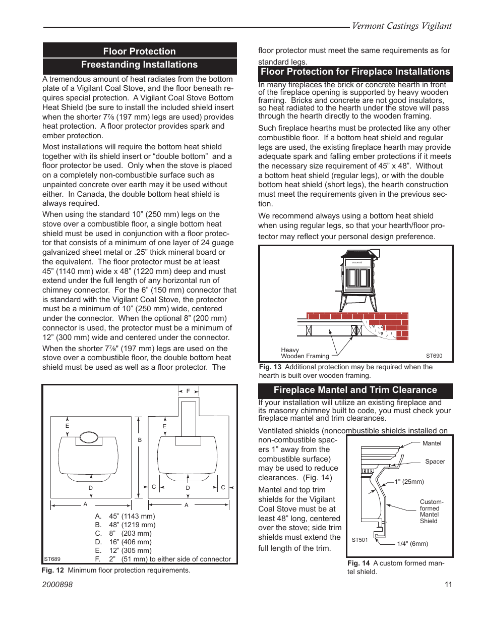 Vermont castings vigilant, Floor protection freestanding installations, Floor protection for fireplace installations | Fireplace mantel and trim clearance | Vermont Casting 2310 User Manual | Page 11 / 28